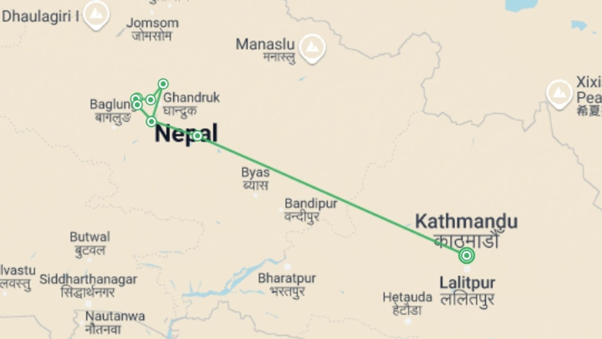 A map showing the tour itinerary for the trip: Ghorepani Poon Hill Trek, starting in Kathmandu, Nepal and ending in Kathmandu, Nepal going through 6 other destinations.