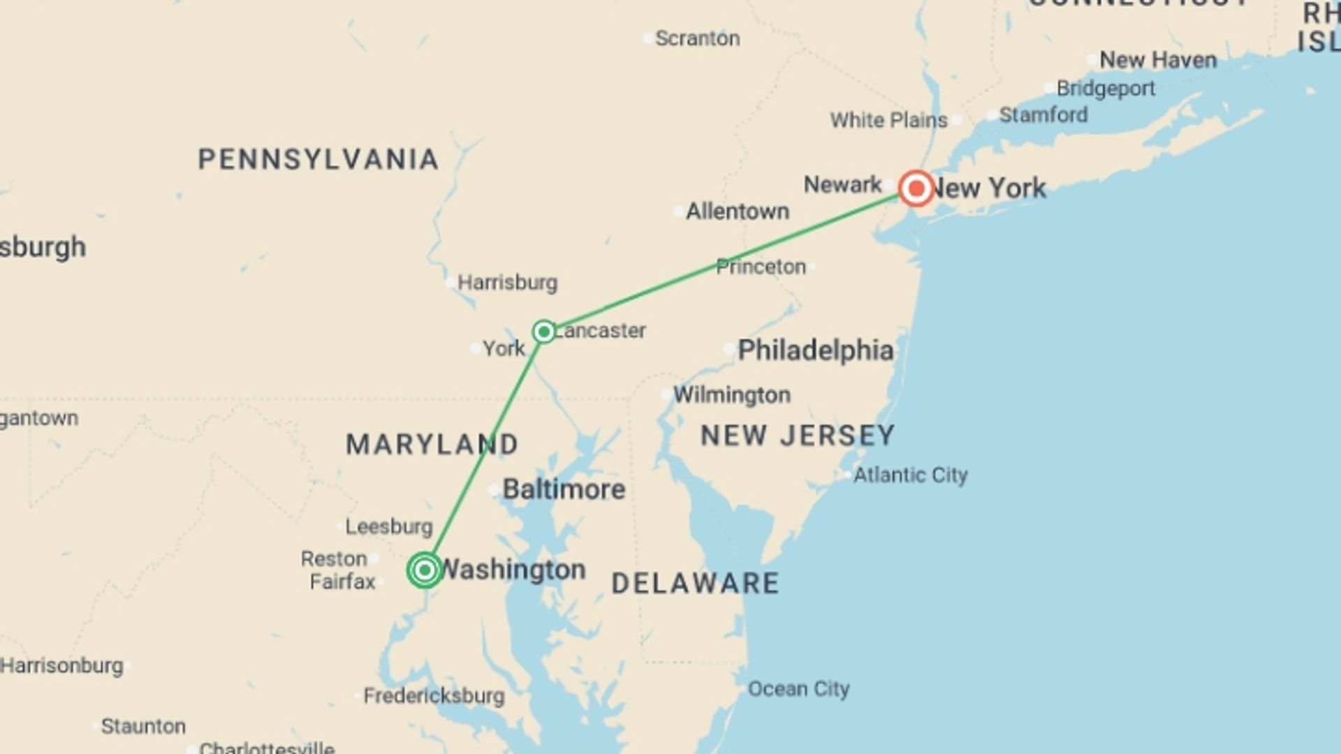 A map showing the tour itinerary for the trip: Washington and New York, starting in Washington D.C., USA and ending in New York, USA going through 0 other destinations.