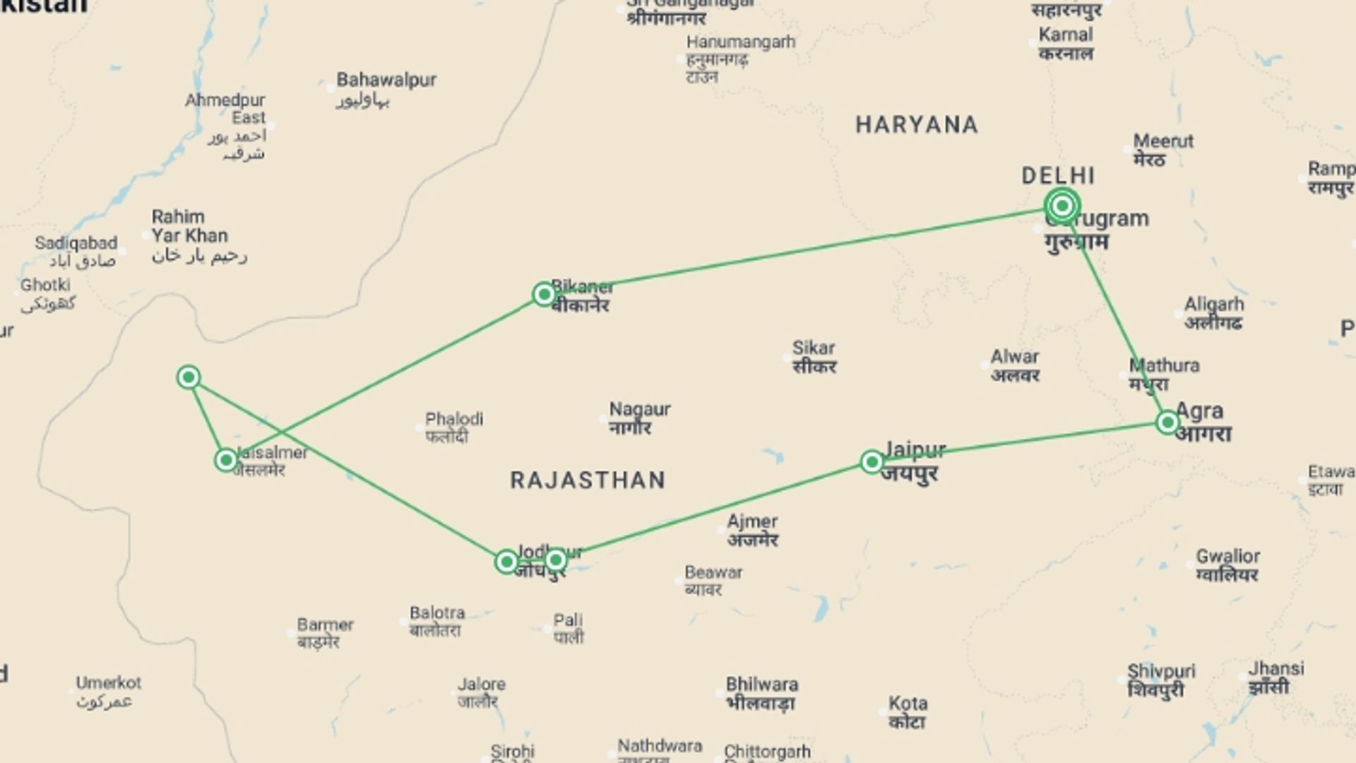 A map showing the tour itinerary for the trip: India: Women's Expedition, starting in New Delhi, India and ending in New Delhi, India going through 7 other destinations.
