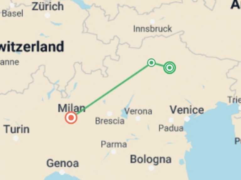 Map itinerary of Milan Tour in February 2026 with 4 destination visits for the trip: Italy Winter Snow and Alps