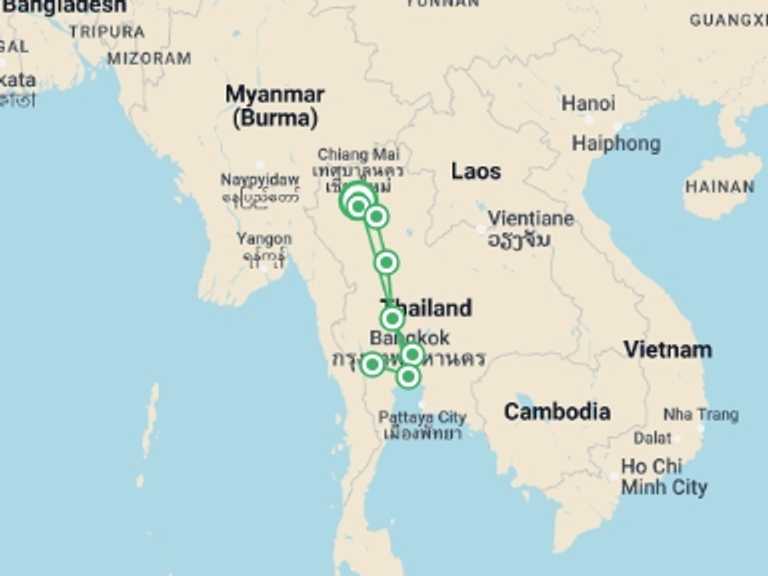 Map itinerary of Ayutthaya Tour in June 2026 with 5 destination visits for the trip: Treasures Of Thailand 4 Days, Small Group Tour (english Only)
