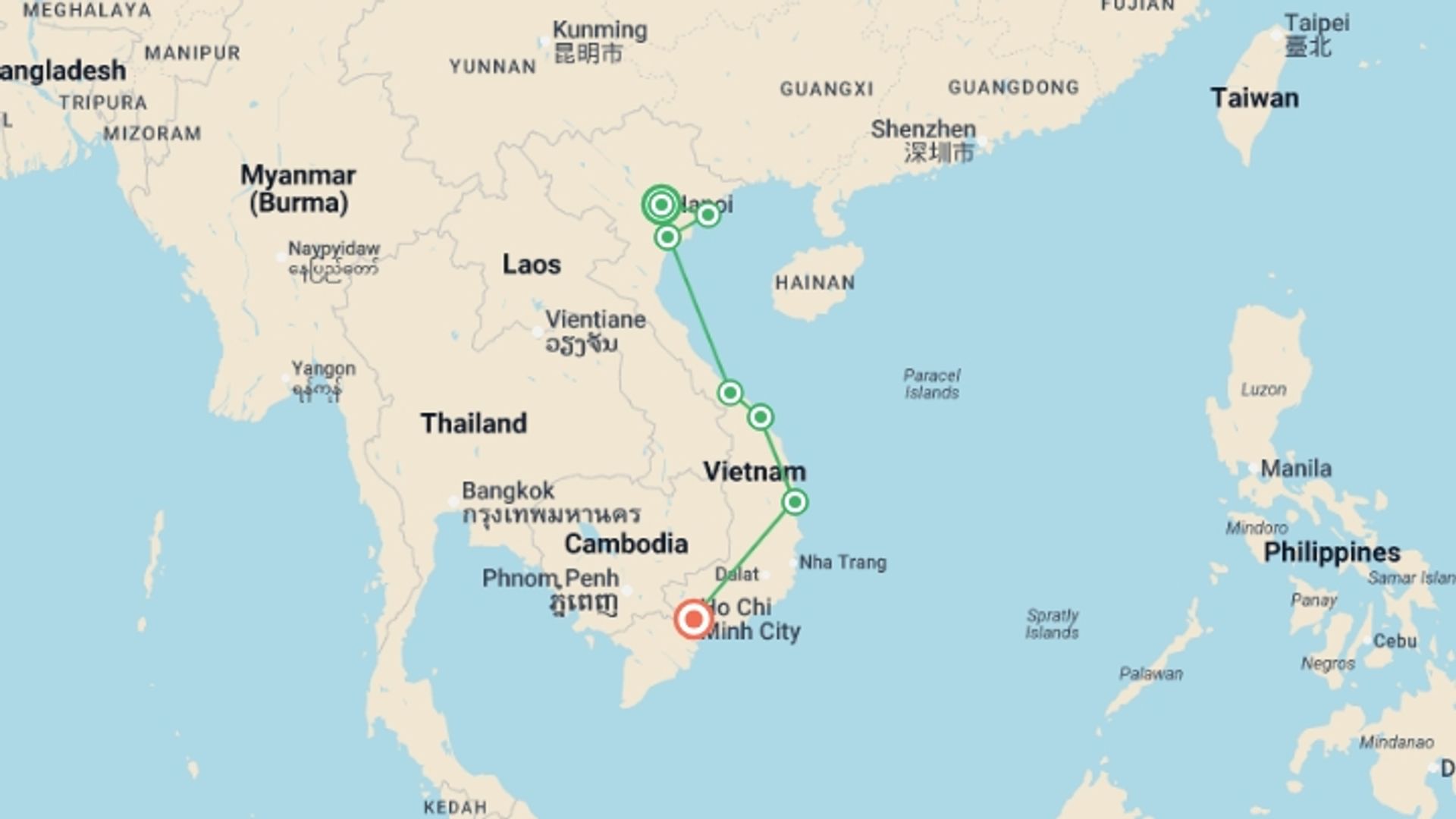 A map showing the tour itinerary for the trip: Essential Vietnam, starting in Hanoi, Vietnam and ending in Ho Chi Minh City, Vietnam going through 5 other destinations.