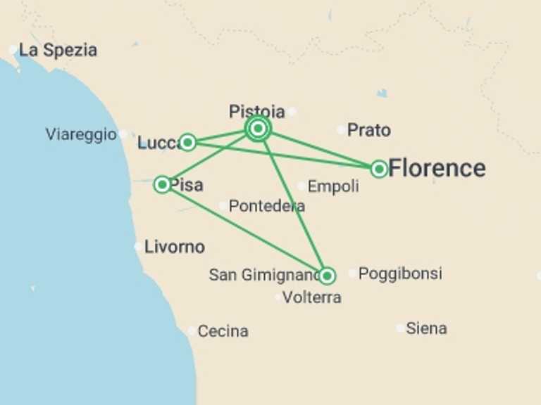 Map itinerary of Italy Tour in October 2026 with 5 destination visits for the trip: Spotlight on Tuscany 