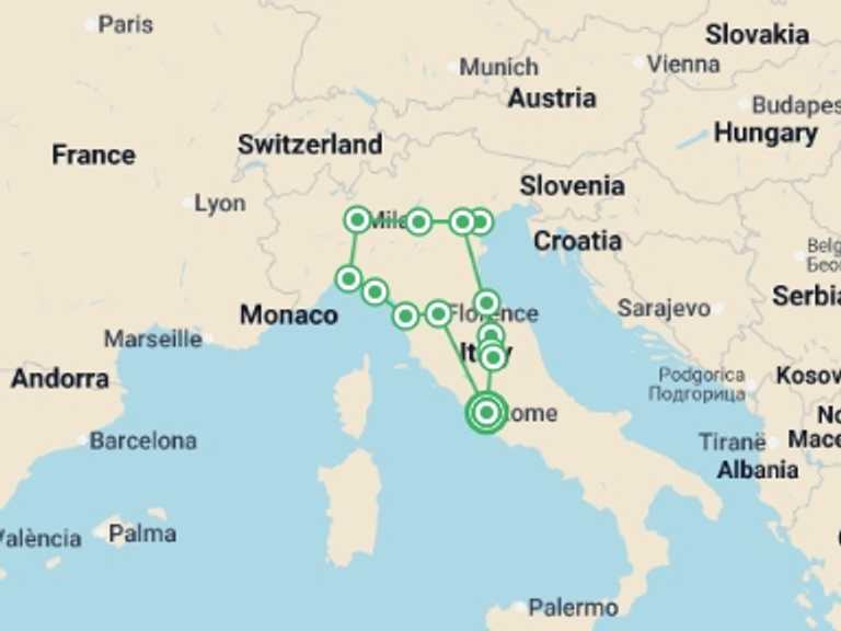 Map itinerary of Italy Tour in June 2026 with 7 destination visits for the trip: Italian Treasures