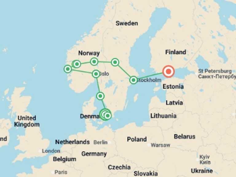 Map of Europe Tour with 10 destination visits for the trip: Complete Scandinavia