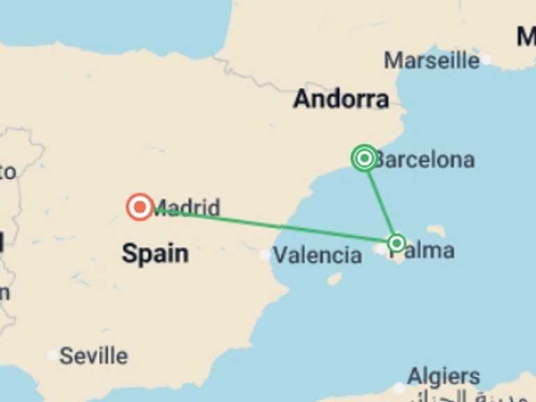 Map of a Shopping and Markets Tour with 3 destination visits for the trip: Enchanting Spain and Mallorca Island