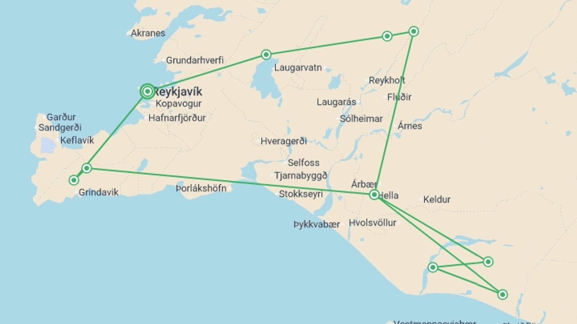A map showing the tour itinerary for the trip: Land of Midnight Sun & Solar Eclipse 2026 Comfort - 5 days, starting in Reykjavik, Iceland and ending in Reykjavik, Iceland going through 1 other destinations.