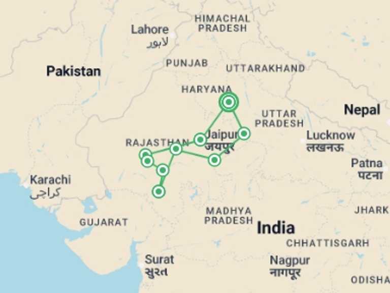 Map itinerary of Asia Tour in August 2026 with 9 destination visits for the trip: Rajasthan & Ranthambore - 14 days