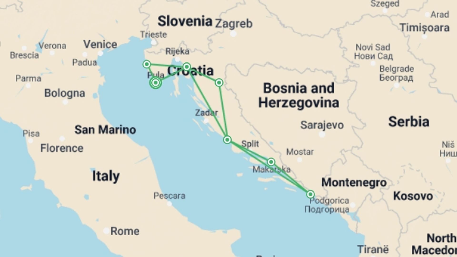 A map showing the tour itinerary for the trip: Great Tour Of Croatia 15 Days, Self-drive, starting in Pula, Croatia and ending in Pula, Croatia going through 6 other destinations.