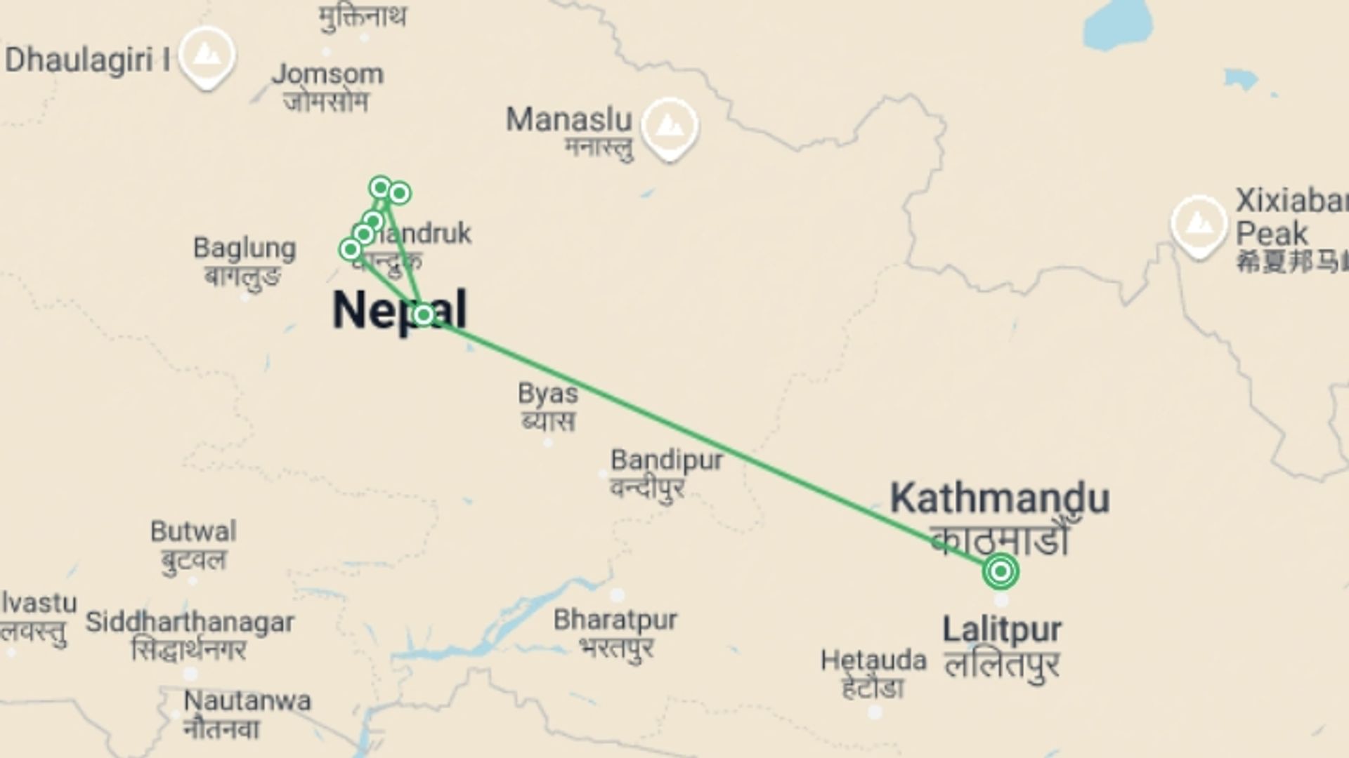 A map showing the tour itinerary for the trip: Mardi Himal Trek, starting in Kathmandu, Nepal and ending in Kathmandu, Nepal going through 7 other destinations.