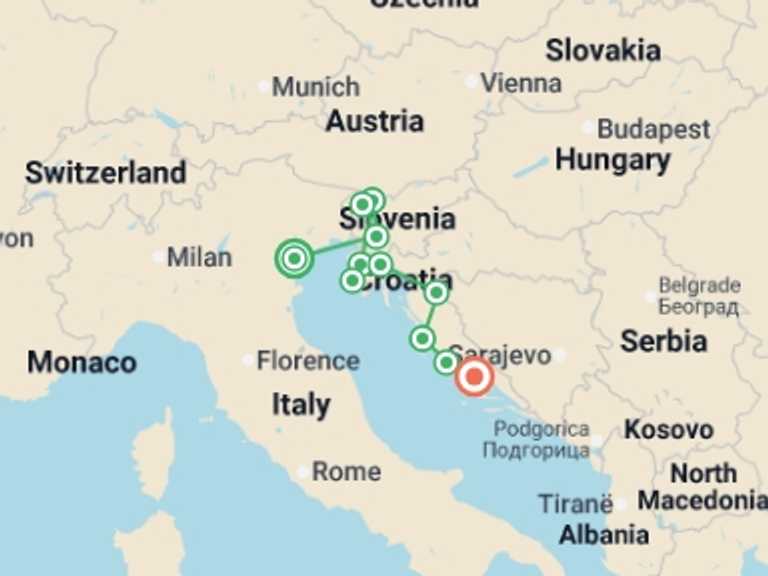Map itinerary of Balkans Tour in October 2027 with 6 destination visits for the trip: Premium Venice to Split