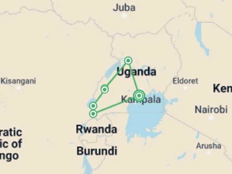 Map of a Gorilla and chimpanzee tracking Tour with 6 destination visits for the trip: Explore Uganda: Ten-Day Safari