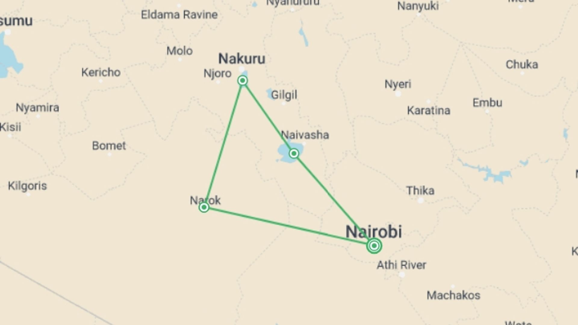 A map showing the tour itinerary for the trip: 6 Days Naivasha, Nakuru, Masai Mara safari, starting in Nairobi, Kenya and ending in Nairobi, Kenya going through 4 other destinations.