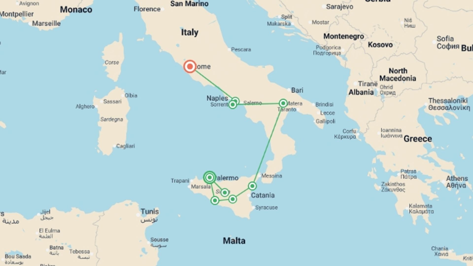 A map showing the tour itinerary for the trip: Southern Italy & Sicily featuring Taormina, Matera and the Amalfi Coast, starting in Palermo, Italy and ending in Rome, Italy going through 5 other destinations.