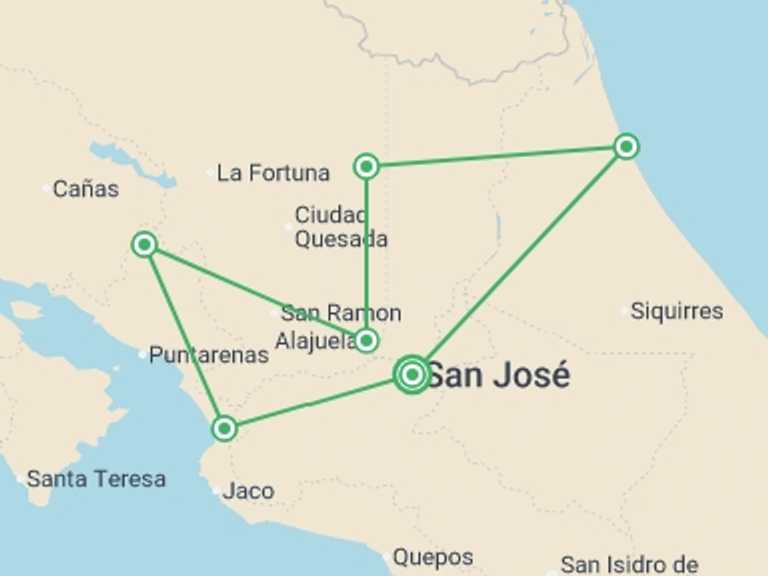 Map of Costa Rica Tour with 6 destination visits for the trip: Costa Rica Explorer - 12 days