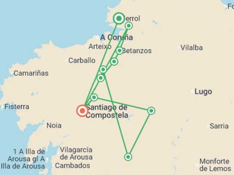 Map itinerary of Spain Tour in August 2026 with 6 destination visits for the trip: Camino Ingles: The English Way to Santiago de Compostela