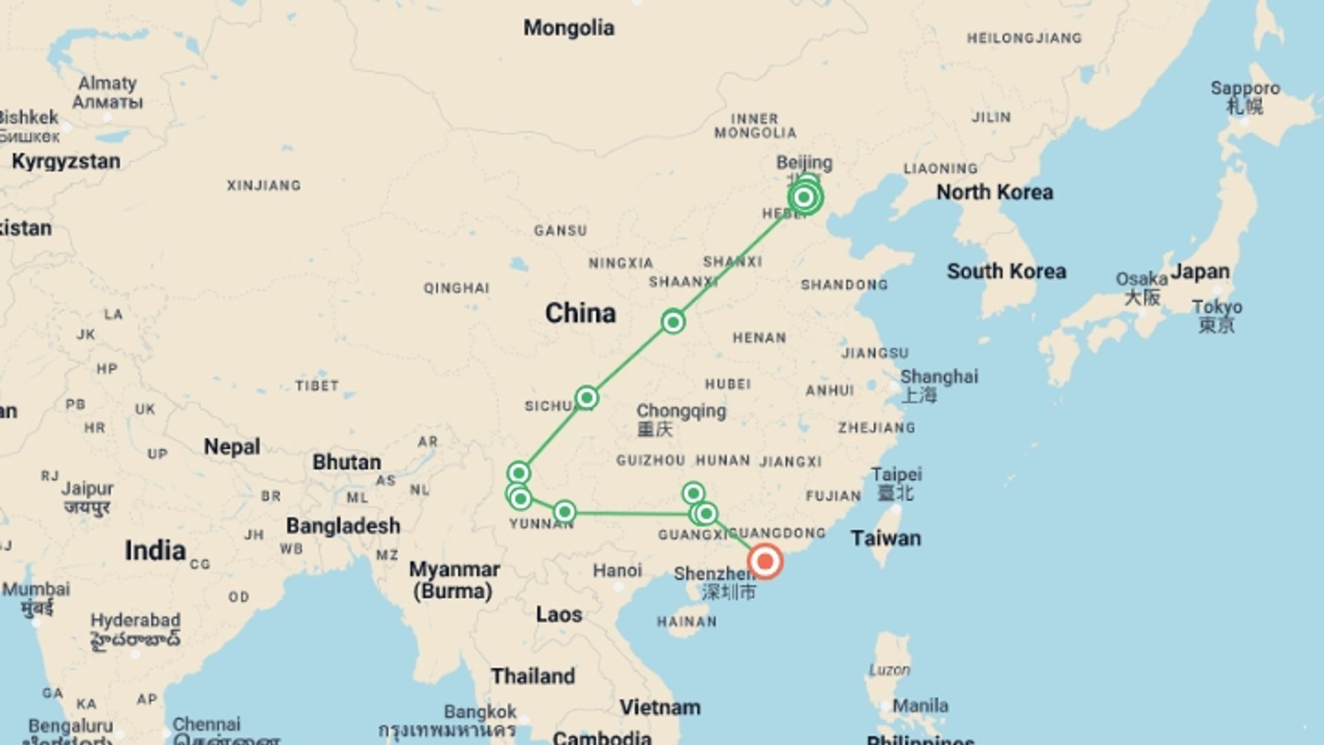 A map showing the tour itinerary for the trip: Best China Attractions, starting in Beijing, China and ending in Hong Kong, Hong Kong going through 11 other destinations.