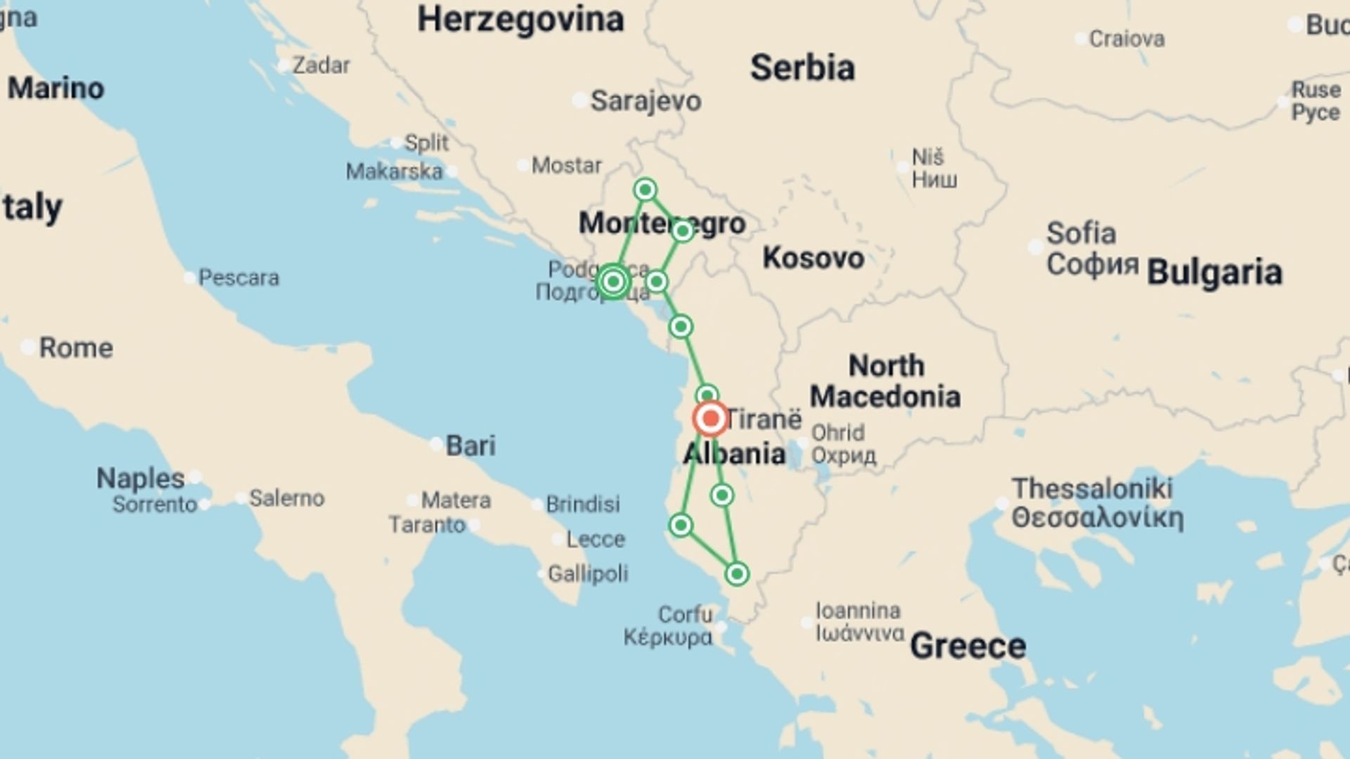 A map showing the tour itinerary for the trip: Montenegro & Albania Adventure, starting in Kotor, Montenegro and ending in Tirana, Albania going through 8 other destinations.