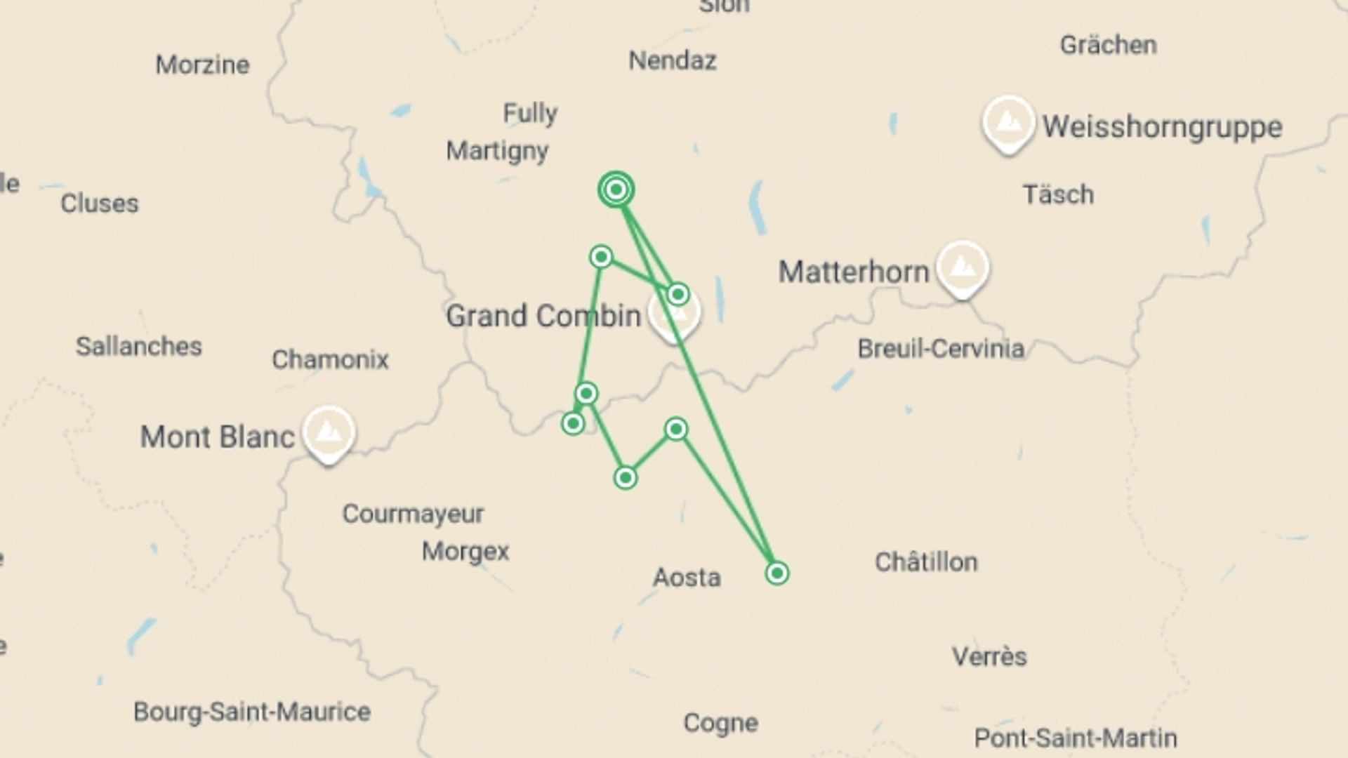 A map showing the tour itinerary for the trip: Grand Combin Guided Hike, starting in Bagnes, Switzerland and ending in Bagnes, Switzerland going through 5 other destinations.