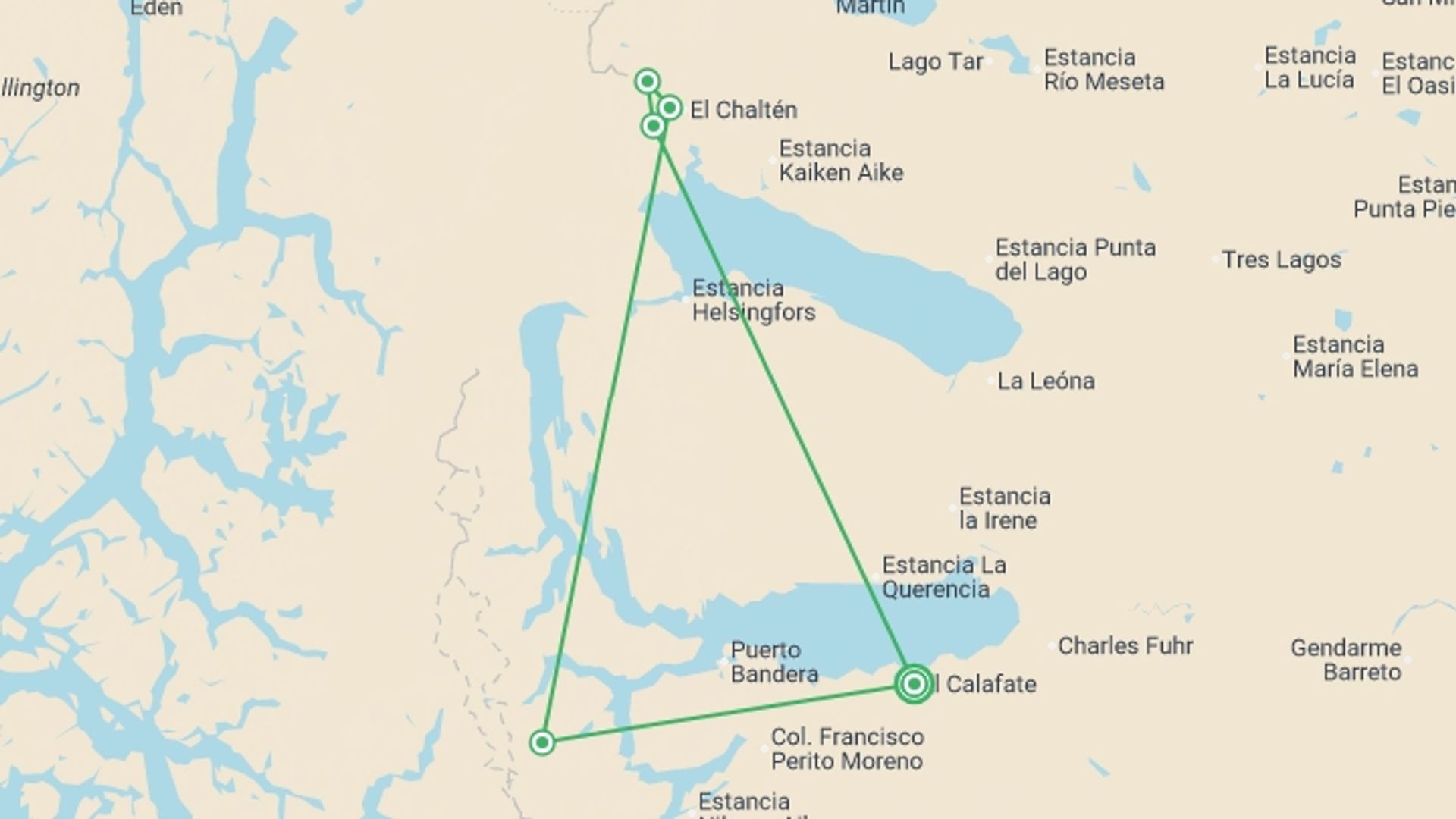 A map showing the tour itinerary for the trip: Glaciers and Peaks - GROUP TOUR, starting in El Calafate, Argentina and ending in El Calafate, Argentina going through 6 other destinations.