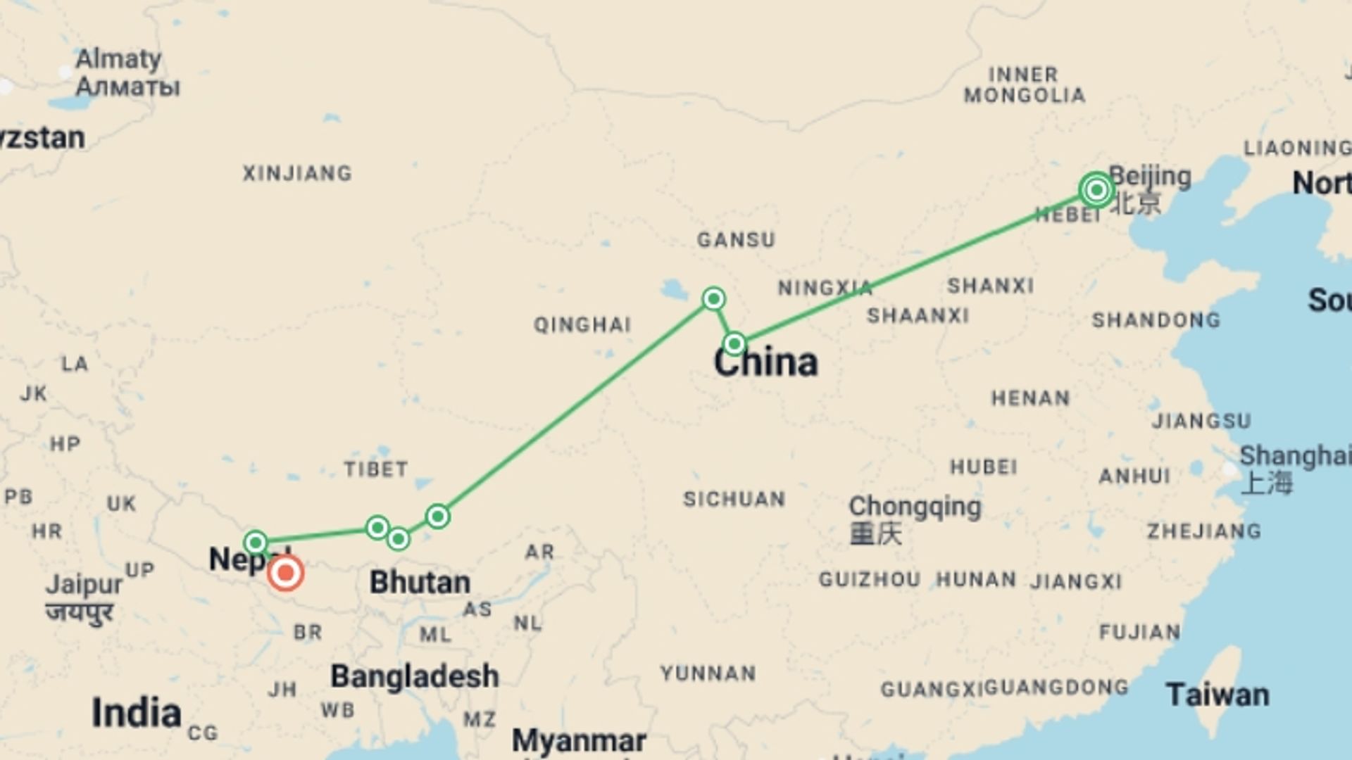 A map showing the tour itinerary for the trip: Discover Tibet, starting in Beijing, China and ending in Kathmandu, Nepal going through 6 other destinations.