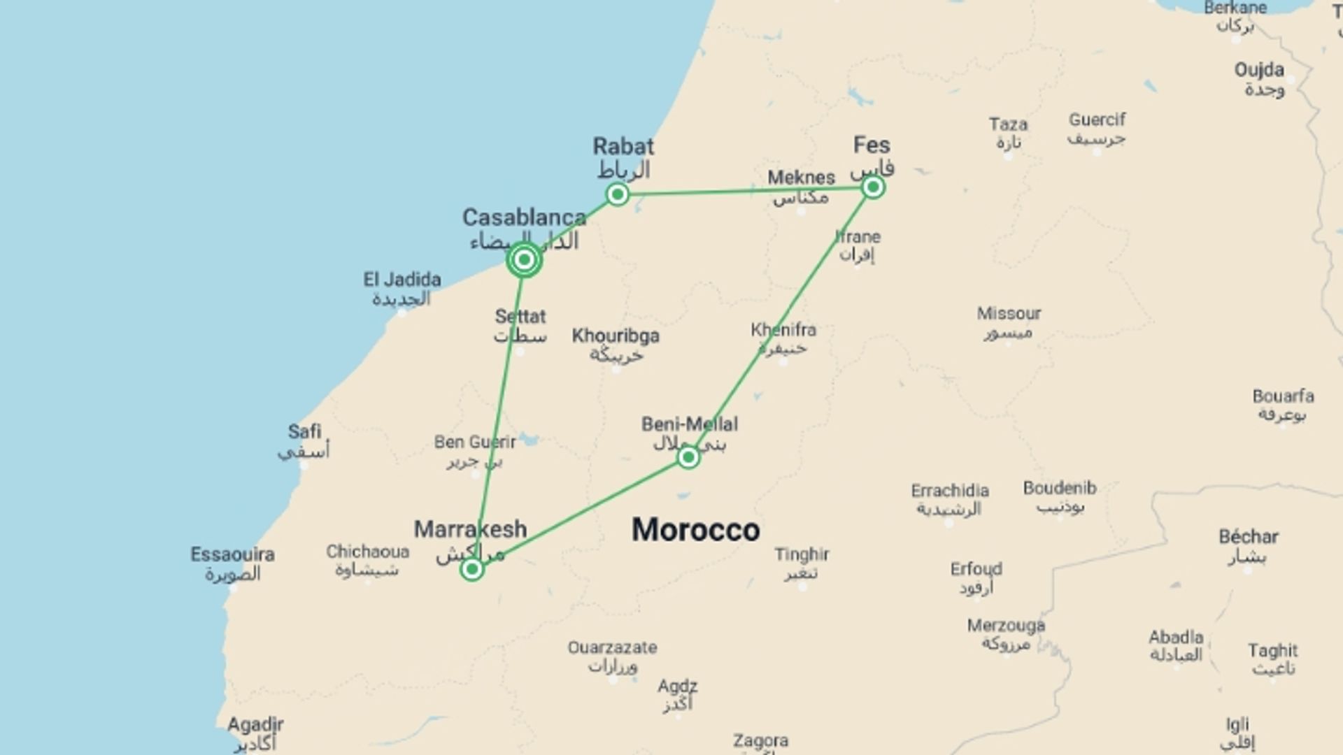 A map showing the tour itinerary for the trip: Imperial Cities Of Morocco From Casablanca 8 Days, Private Tour, starting in Casablanca, Morocco and ending in Casablanca, Morocco going through 2 other destinations.