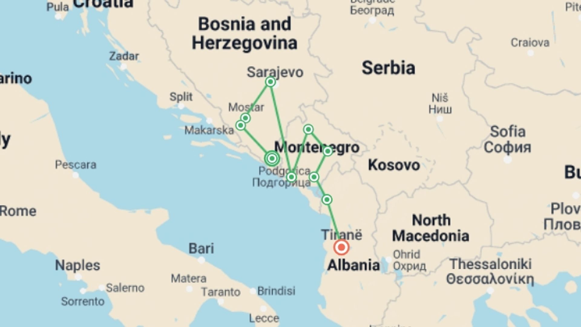 A map showing the tour itinerary for the trip: Classic Balkans: Trebinje to Tirana, starting in Trebinje, Bosnia Herzegovina and ending in Tirana, Albania going through 8 other destinations.