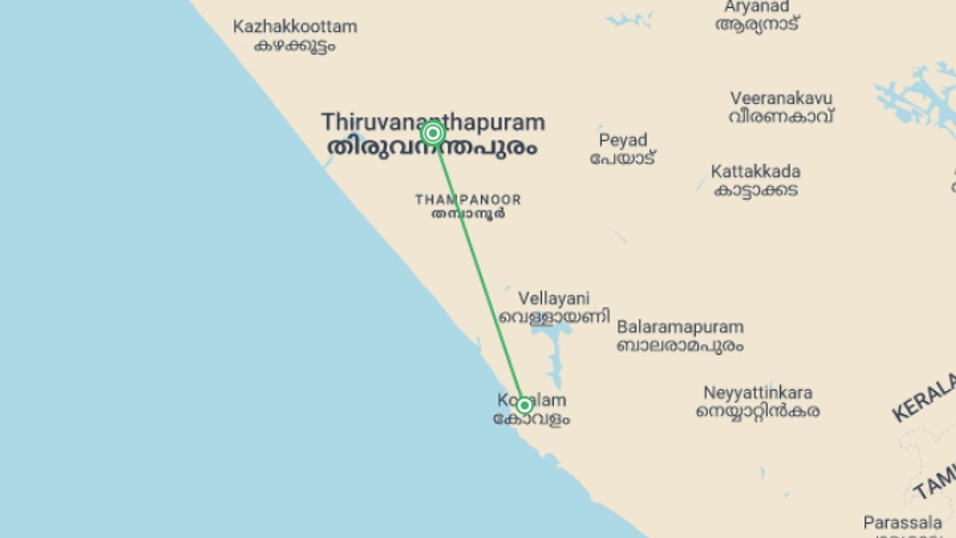 A map showing the tour itinerary for the trip: Kovalam Beach - 5 days, starting in Trivandrum, India and ending in Trivandrum, India going through 1 other destinations.
