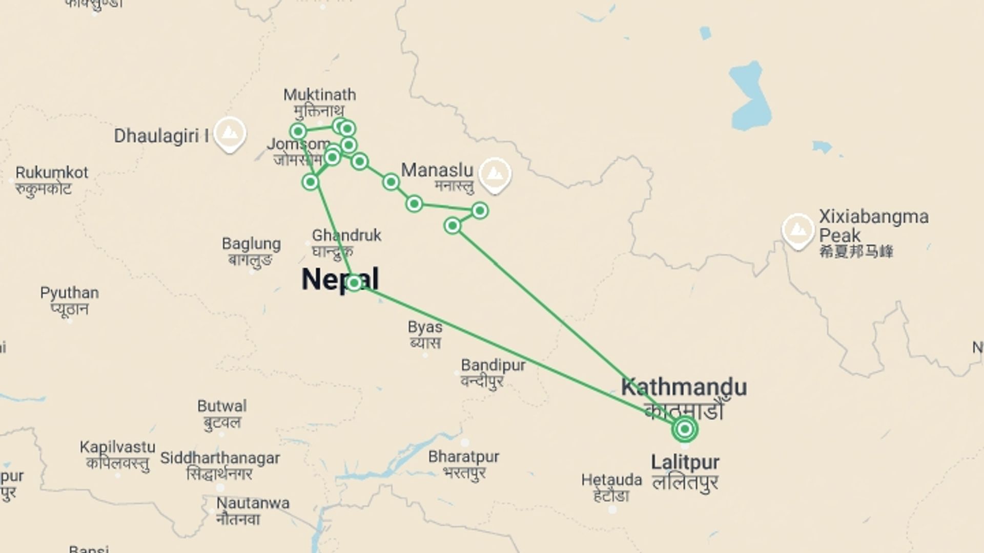 A map showing the tour itinerary for the trip: Annapurna Circuit Trek, starting in Kathmandu, Nepal and ending in Kathmandu, Nepal going through 13 other destinations.