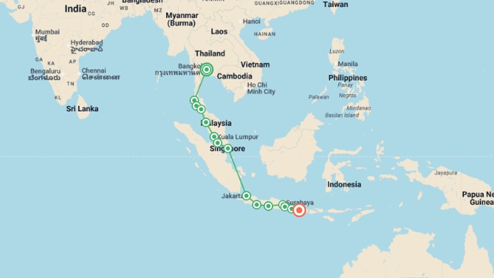 A map showing the tour itinerary for the trip: Bangkok to Bali, starting in Bangkok, Thailand and ending in Ubud, Indonesia going through 14 other destinations.