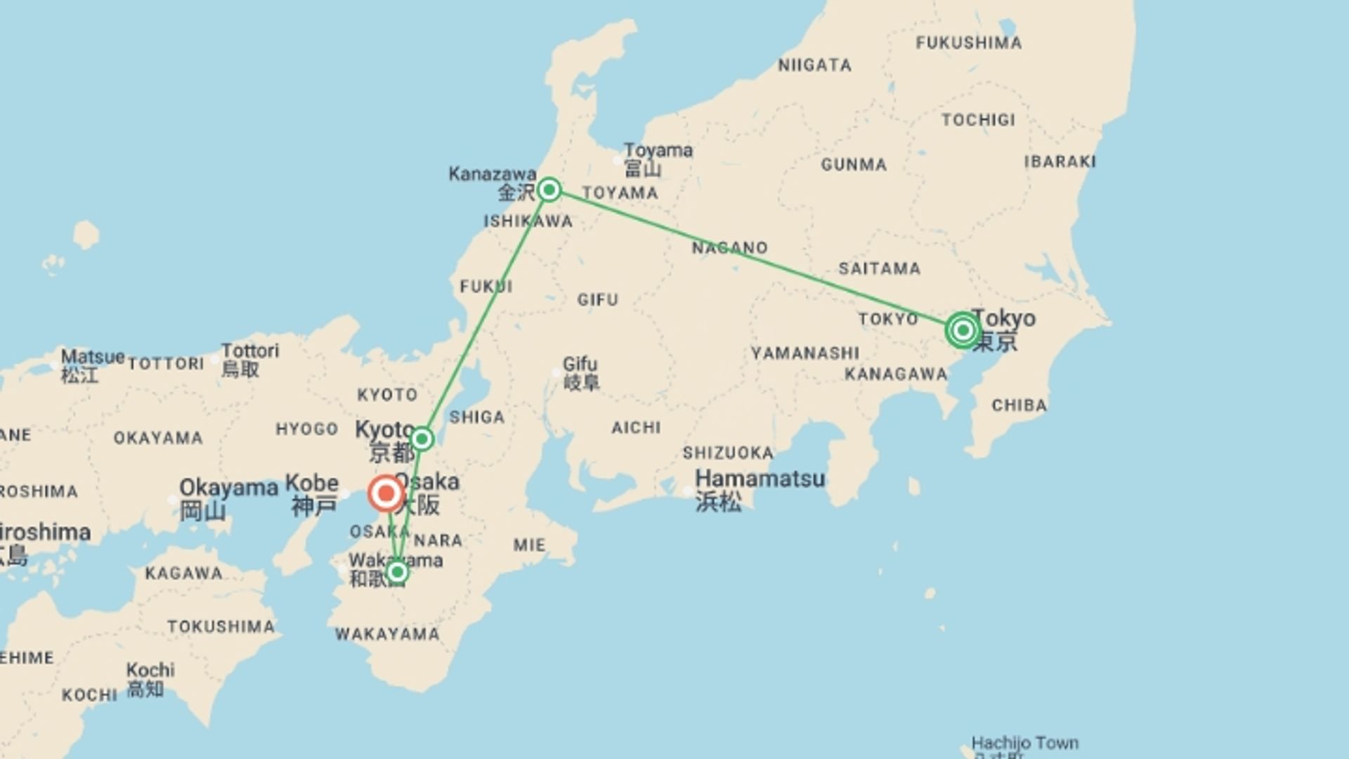 A map showing the tour itinerary for the trip: Japan Real Food Adventure, starting in Tokyo, Japan and ending in Osaka, Japan going through 3 other destinations.