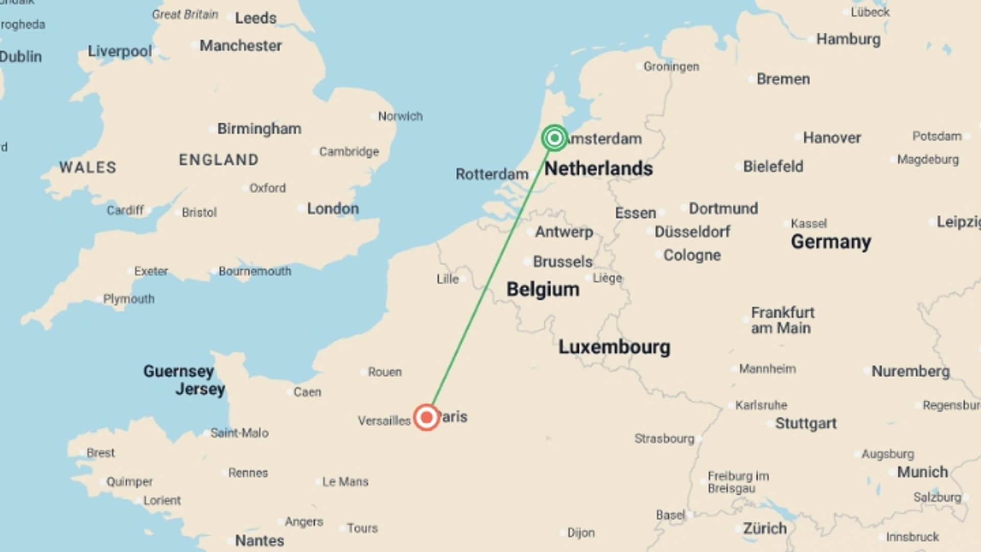 A map showing the tour itinerary for the trip: Amsterdam and Paris, starting in Amsterdam, Holland and ending in Paris, France going through 0 other destinations.