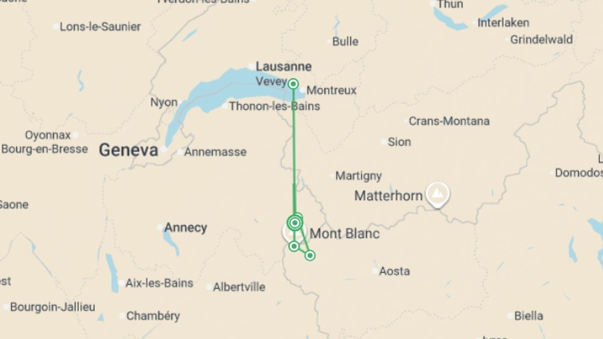 A map showing the tour itinerary for the trip: Mont Blanc Hiking Highlights, starting in Chamonix, France and ending in Chamonix, France going through 4 other destinations.