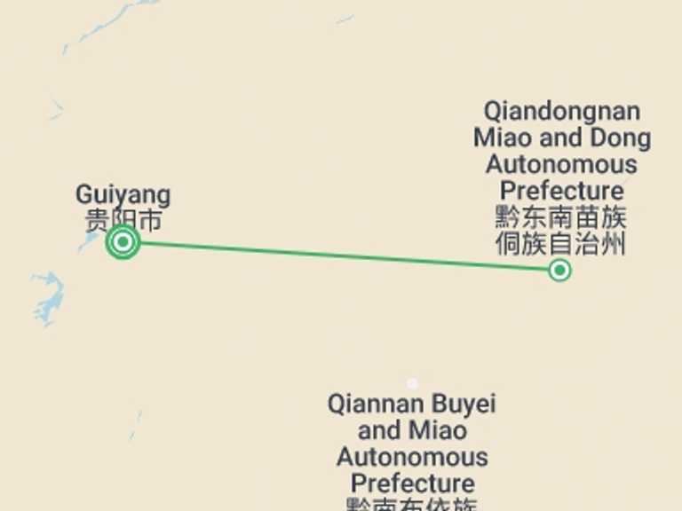 Map of China Tour with 2 destination visits for the trip: Guiyang & Kaili Cultural Experience, City Break, Private Tour