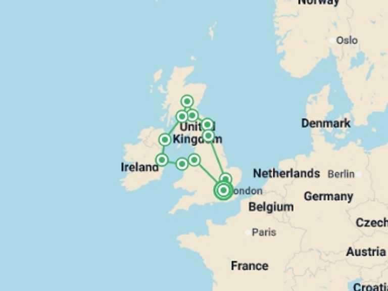 Map itinerary of England Tour in April 2026 with 7 destination visits for the trip: Best of the United Kingdom and Dublin