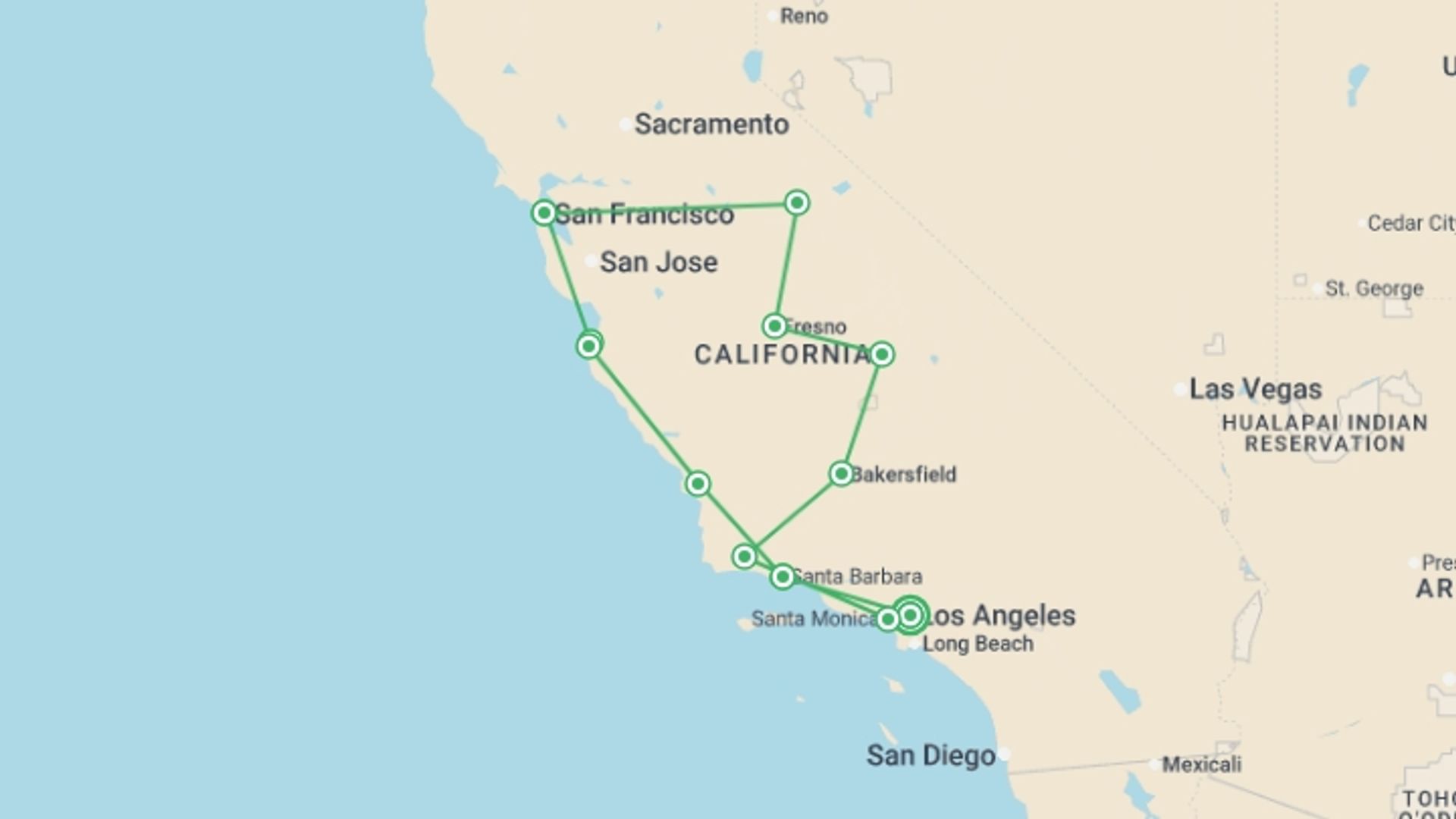 A map showing the tour itinerary for the trip: Fascinating West ROT, starting in Los Angeles, USA and ending in Los Angeles, USA going through 5 other destinations.