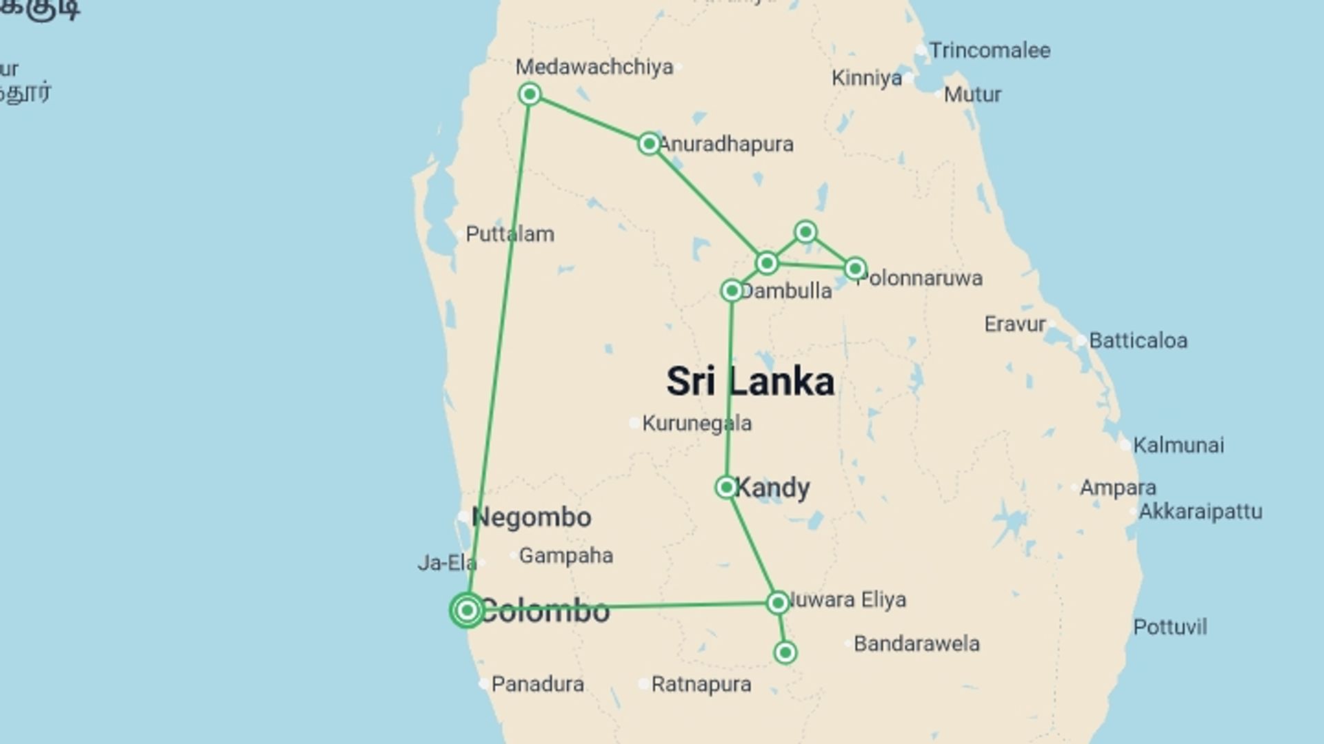 A map showing the tour itinerary for the trip: Splendours of Ceylon (5 & 4 Star Hotels), starting in Colombo, Sri Lanka and ending in Colombo, Sri Lanka going through 3 other destinations.