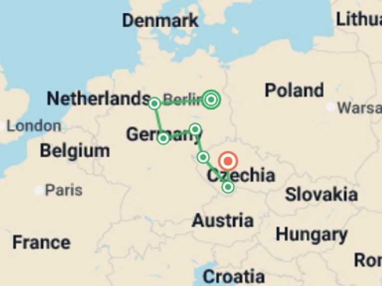 Map itinerary of Europe Tour in July 2026 with 7 destination visits for the trip: Heart of Germany and Czech Pearls