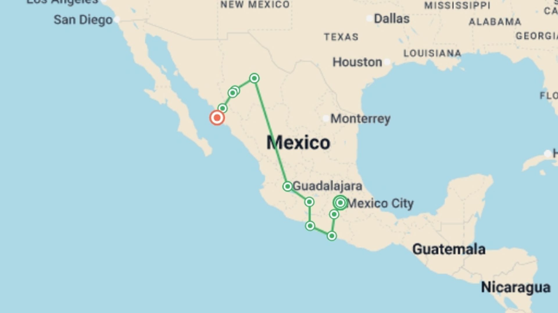 A map showing the tour itinerary for the trip: Mexico: Pacific and Northern Adventure, starting in Mexico City, Mexico and ending in Los Mochis, Mexico going through 9 other destinations.