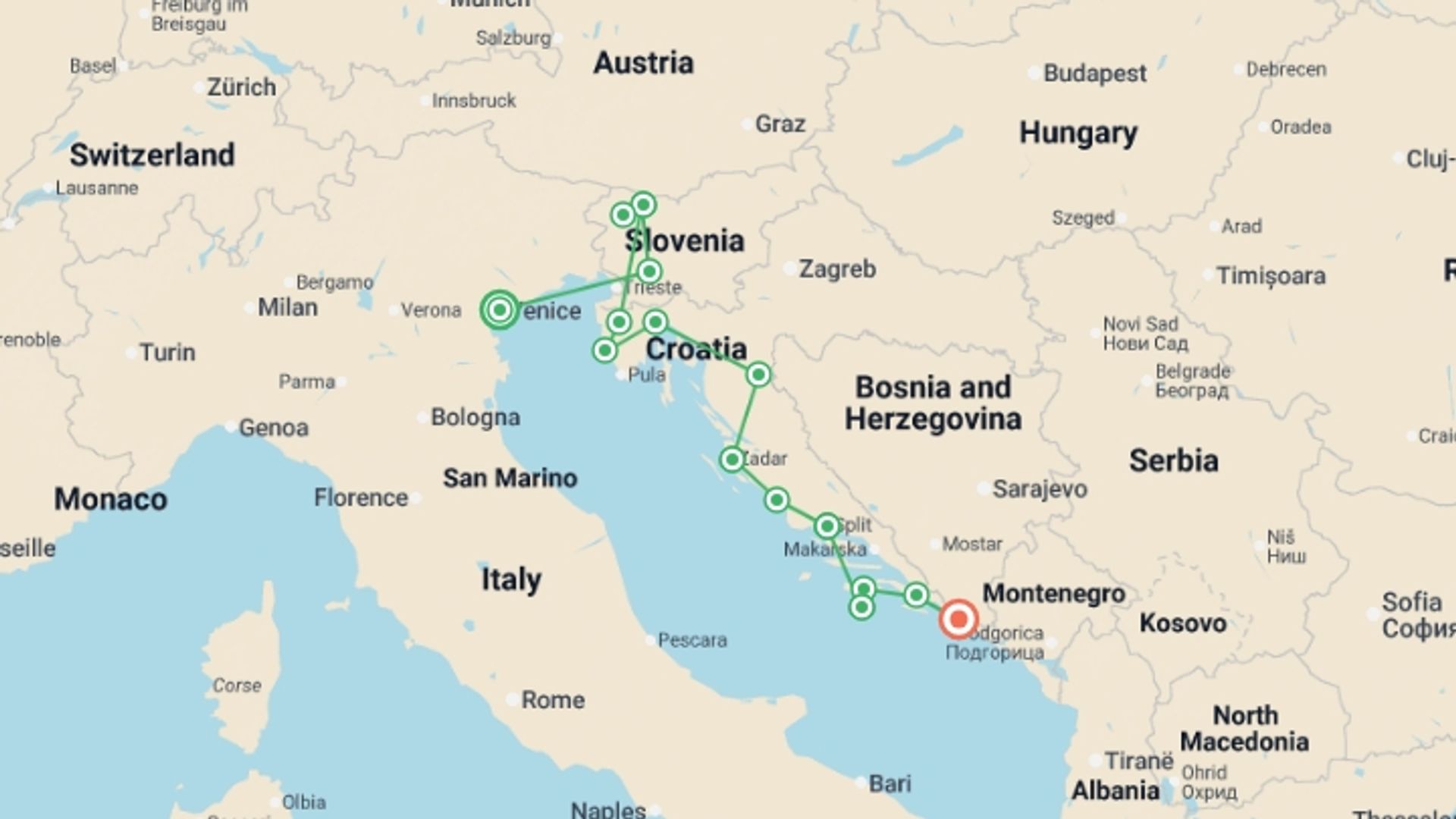 A map showing the tour itinerary for the trip: Premium Venice to Dubrovnik, starting in Venice, Italy and ending in Dubrovnik, Croatia going through 7 other destinations.