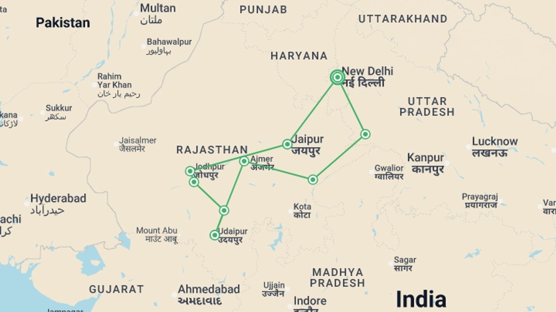 A map showing the tour itinerary for the trip: Rajasthan, Ranthambore & Royal Castle - 14 days, starting in New Delhi, India and ending in New Delhi, India going through 8 other destinations.