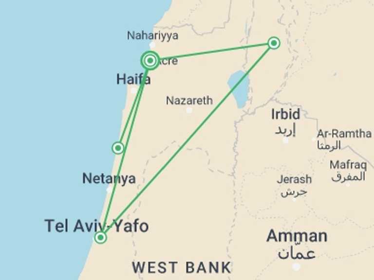 Map itinerary of Tel Aviv Tour in Summer with 2 destination visits for the trip: Caesarea And Golan Tour, 2 Days From Jerusalem