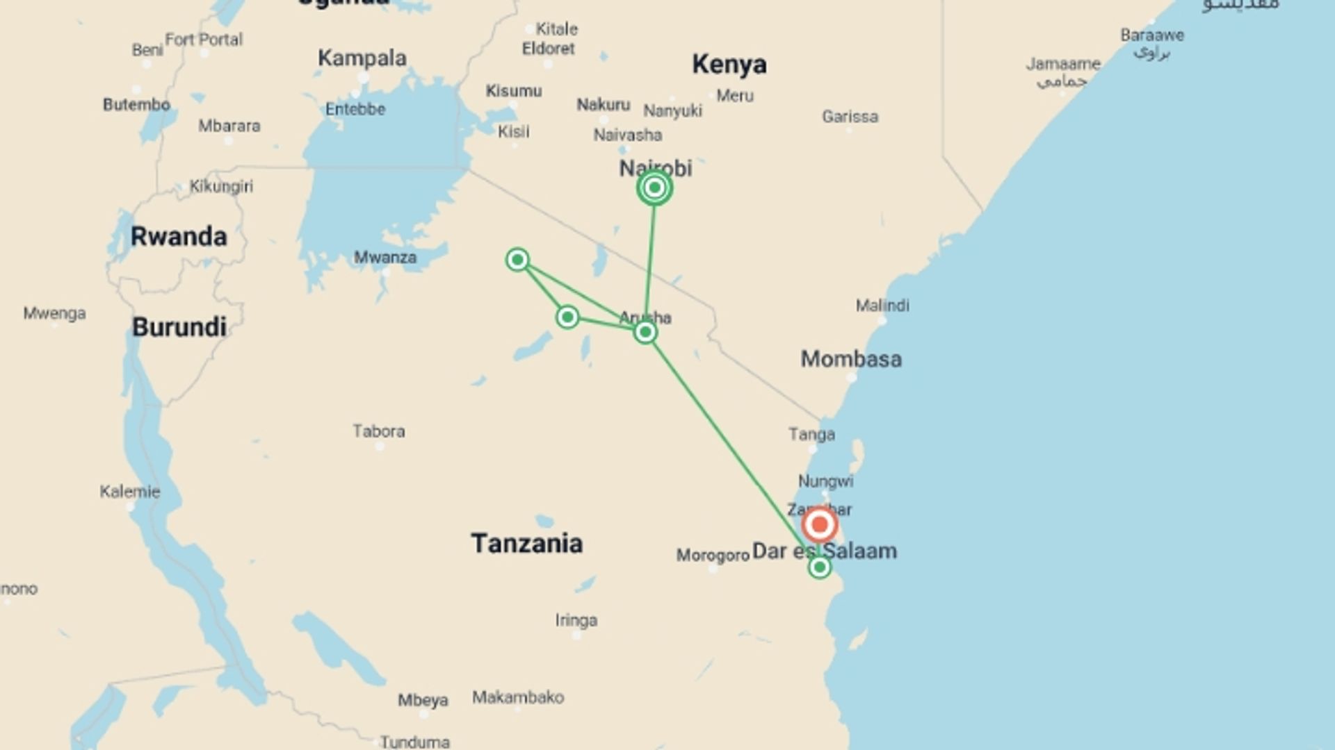 A map showing the tour itinerary for the trip: Nairobi to Zanzibar: Serengeti & Sunsets, starting in Nairobi, Kenya and ending in Zanzibar, Tanzania going through 5 other destinations.