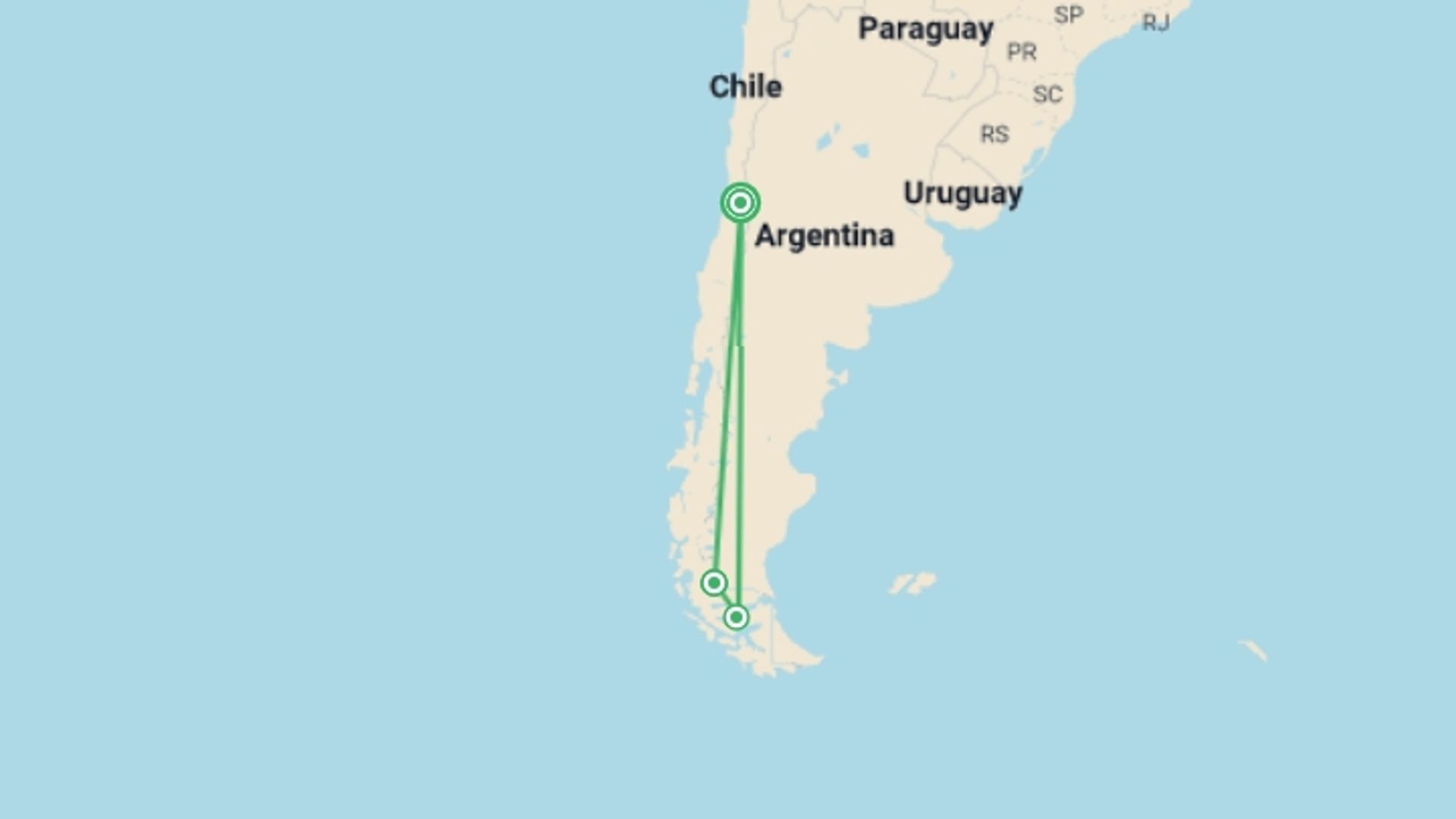 A map showing the tour itinerary for the trip: Highlights Of Chile, starting in Santiago, Chile and ending in Santiago, Chile going through 2 other destinations.