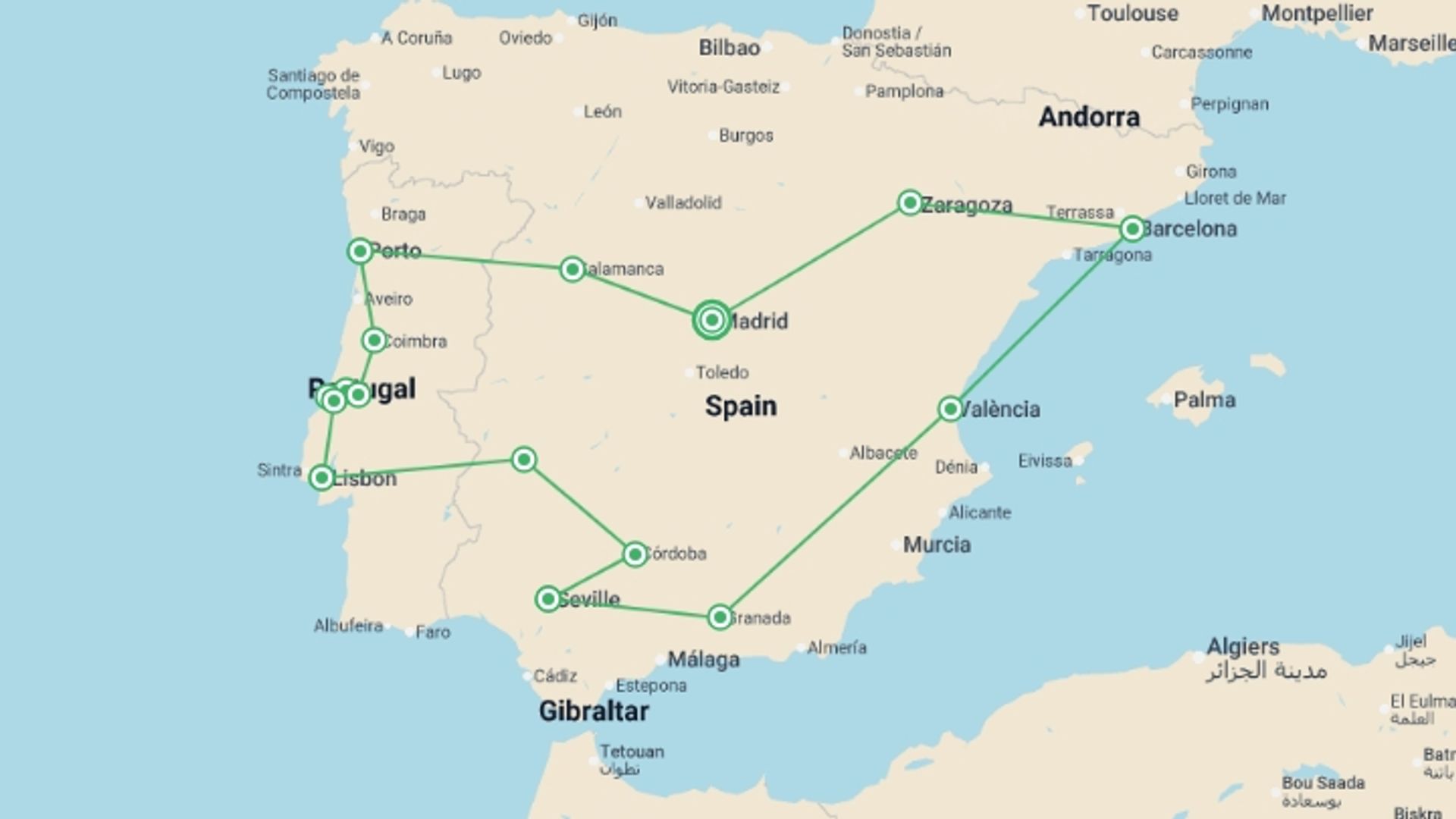 A map showing the tour itinerary for the trip: Portugal, Andalucia & Barcelona (Superior) - 13 days, starting in Madrid, Spain and ending in Madrid, Spain going through 8 other destinations.
