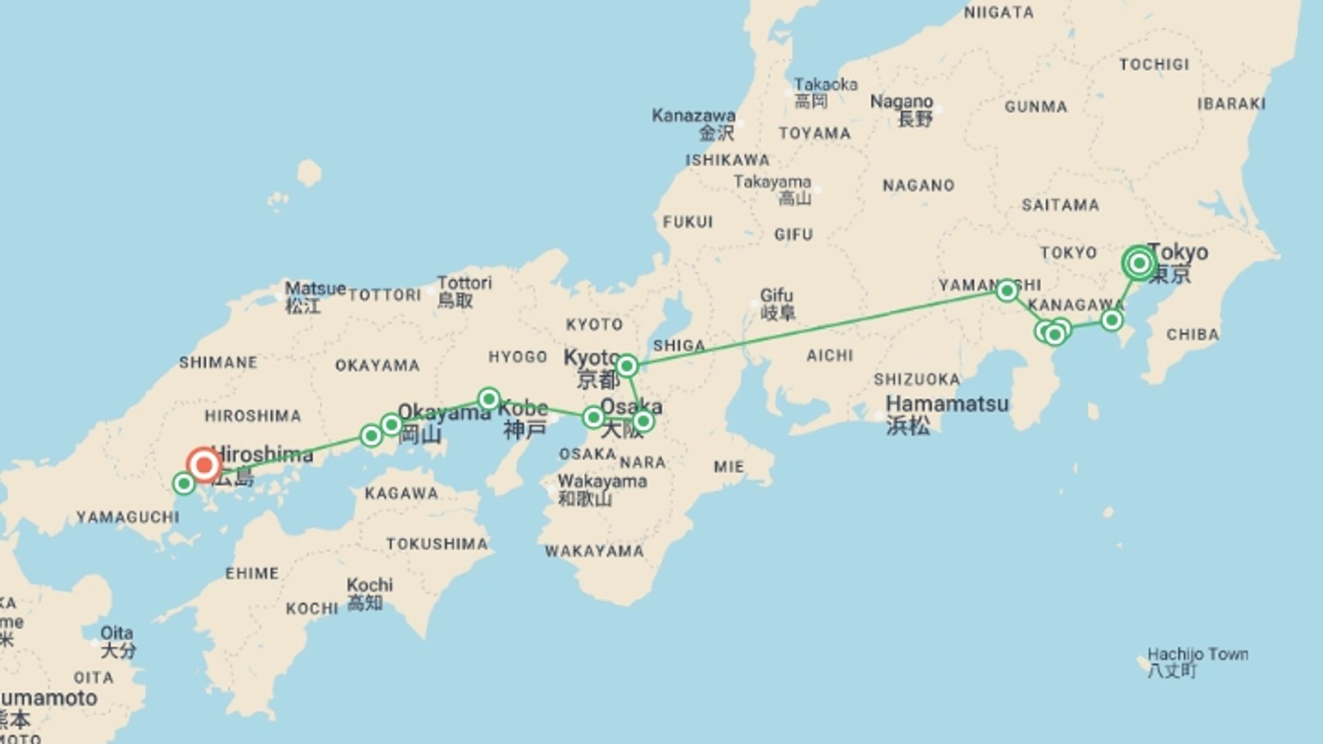 A map showing the tour itinerary for the trip: Essential Japan and Hakone end Hiroshima, starting in Tokyo, Japan and ending in Hiroshima, Japan going through 5 other destinations.