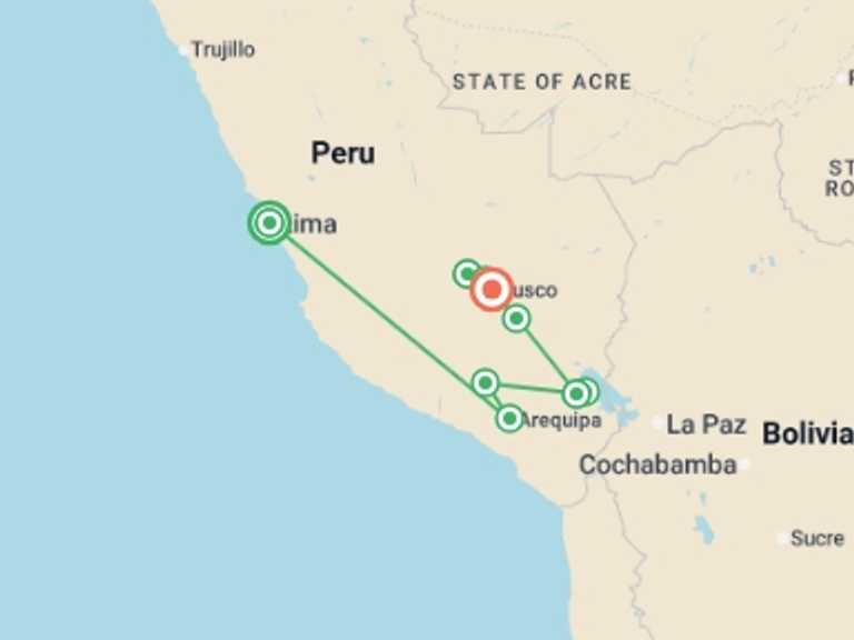 Map of South America Tour with 7 destination visits for the trip: Best of Peru