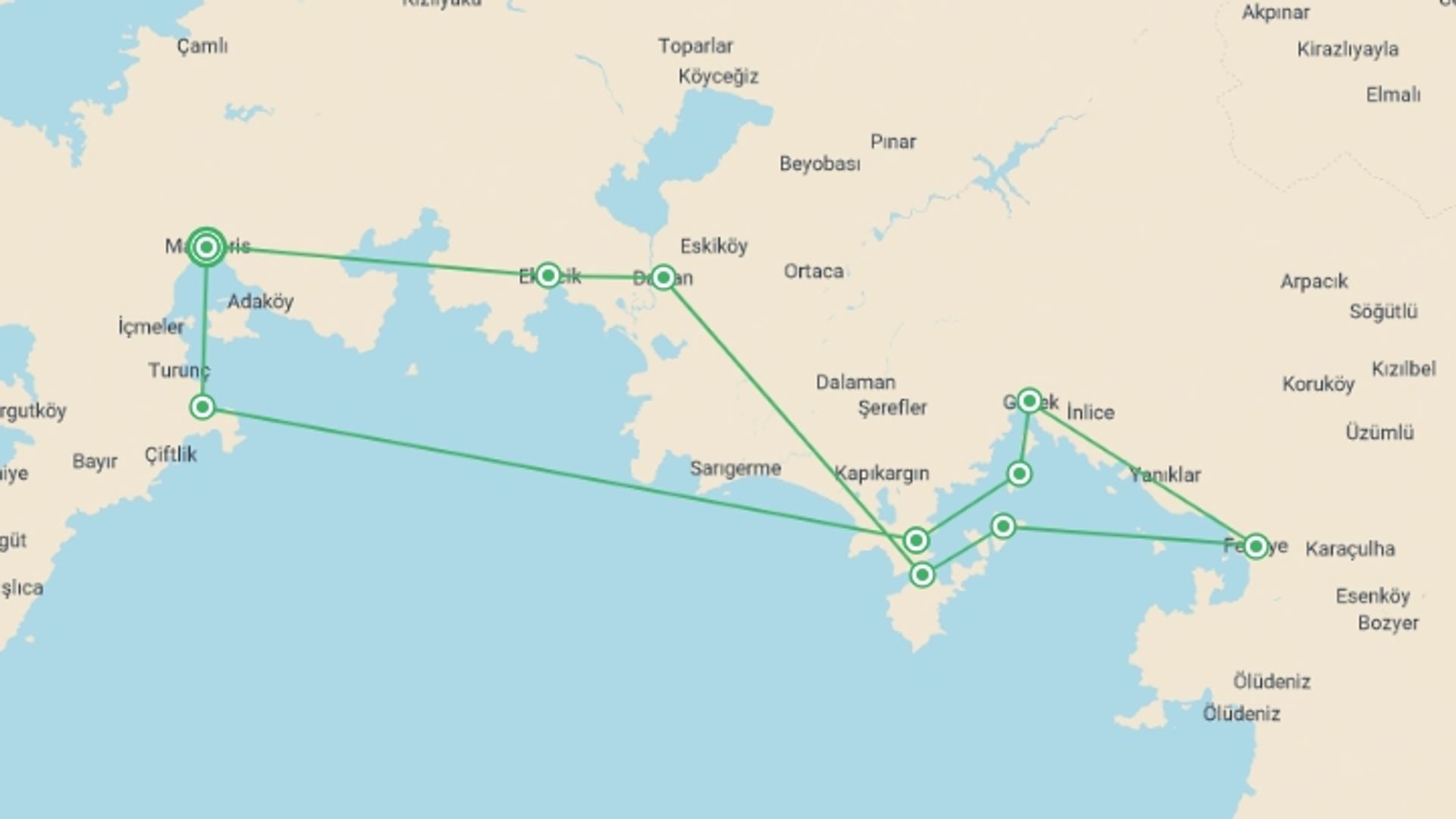 A map showing the tour itinerary for the trip: Gulet Cruise, Marmaris – Fethiye – Marmaris, starting in Marmaris, Turkey and ending in Marmaris, Turkey going through 5 other destinations.