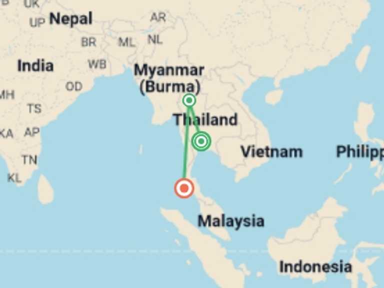 Map of Thailand Tour with 3 destination visits for the trip: Bangkok, Golden Triangle & Phuket Deluxe With Domestic Flights Included