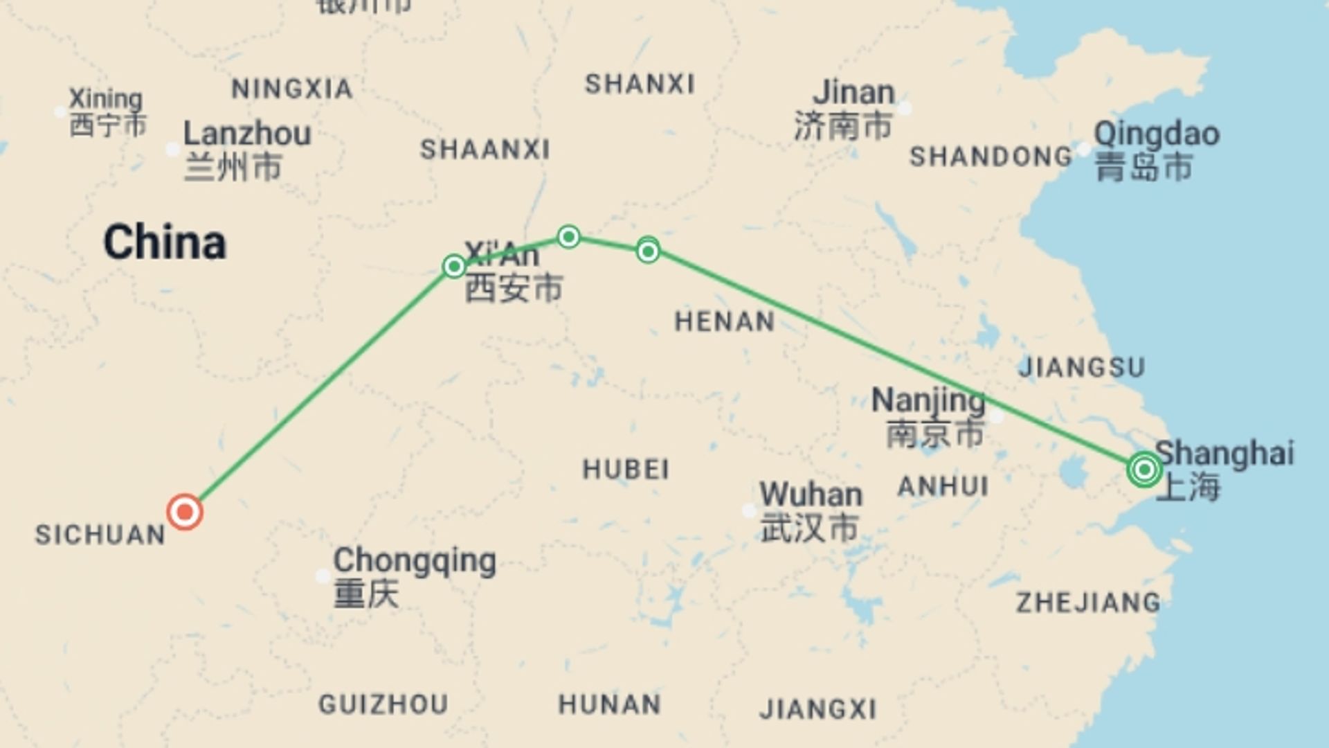 A map showing the tour itinerary for the trip: Classical China and Chengdu, starting in Shanghai, China and ending in Chengdu, China going through 2 other destinations.